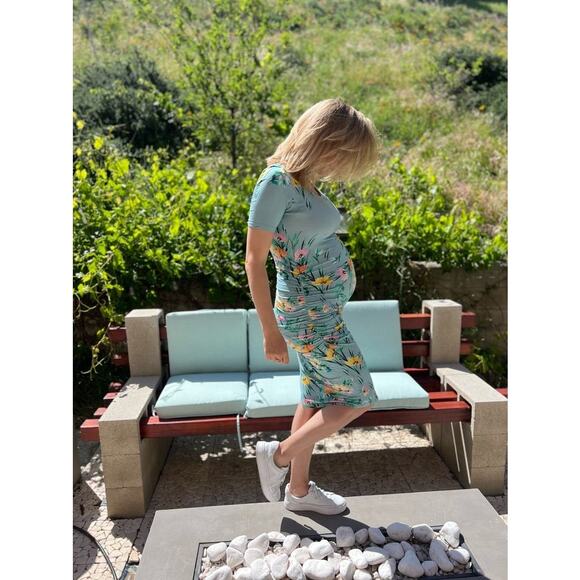 YUMI KIM Blue Floral Printed 100% Cotton Short Sleeve Scoop Maternity Dress sz S - Picture 1 of 13